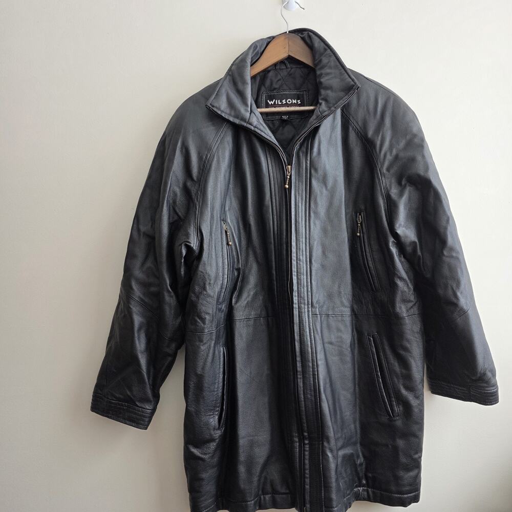 Wilsons Vtg Long Black Leather Jacket Trench Large Goth Grunge Gorp Heavy Duty